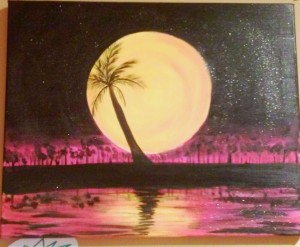 moon w palm tree over water